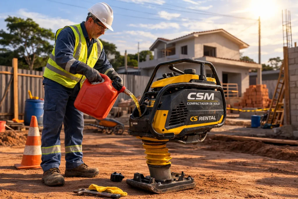 Compactador em Nova Lima sendo preparado para operação em área residencial em construção