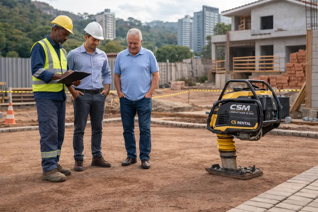 Compactador para obra em Nova Lima em área de construção enquanto profissionais analisam o terreno
