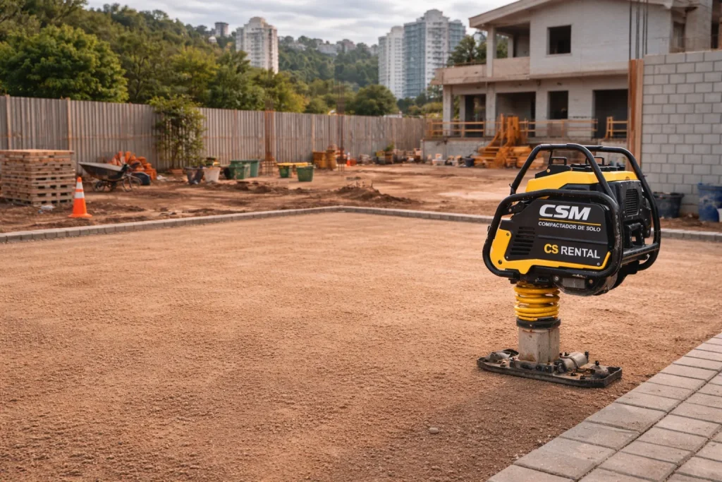 Compactador posicionado em terreno preparado para compactação de base