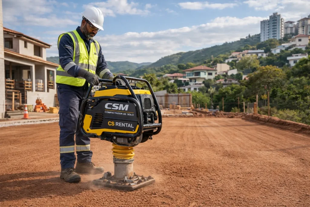Compactador em Nova Lima sendo utilizado para compactação do solo em obra residencial