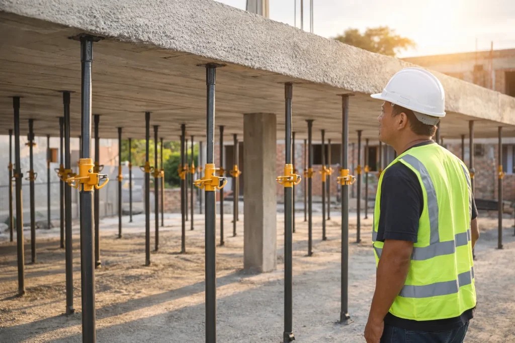 escoras para obra sustentando laje de concreto em construção