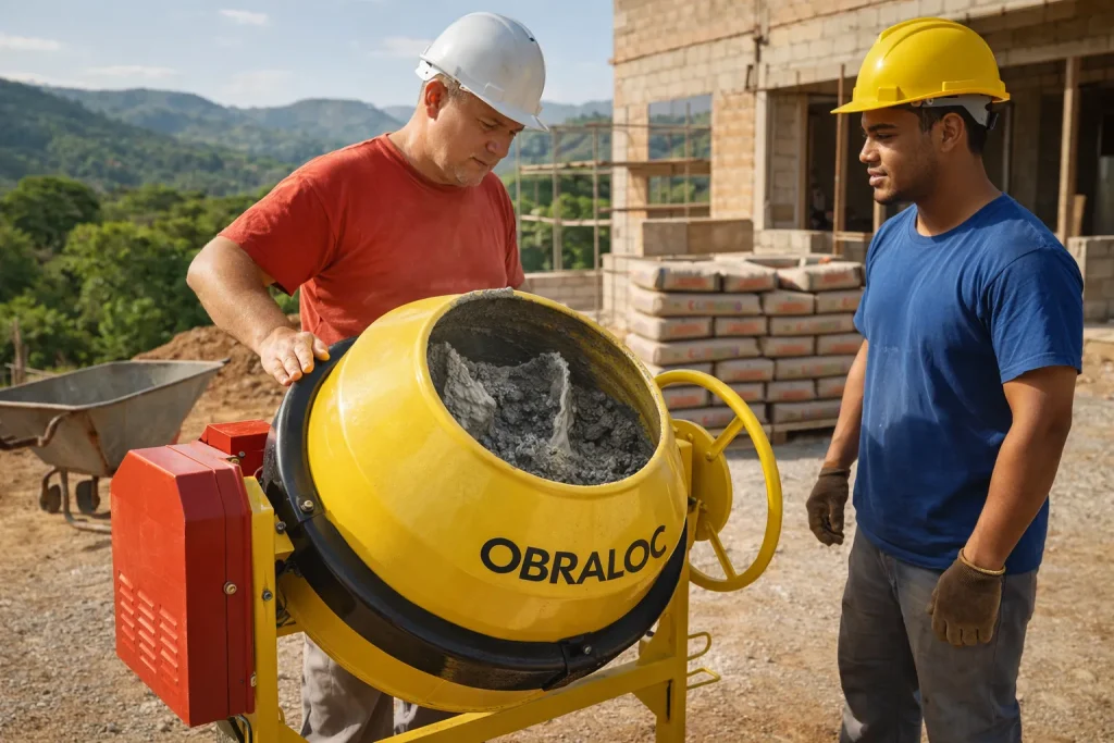 Dois trabalhadores utilizam uma betoneira amarela para preparar concreto em um canteiro de obras com sacos de cimento empilhados ao fundo e estrutura da casa em construção.