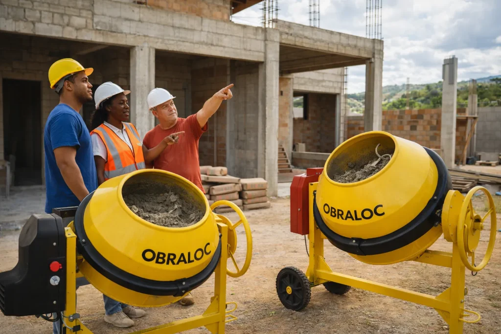 Três trabalhadores com capacetes conversam e apontam para a construção ao lado de duas betoneiras cheias de concreto em um grande canteiro de obras.