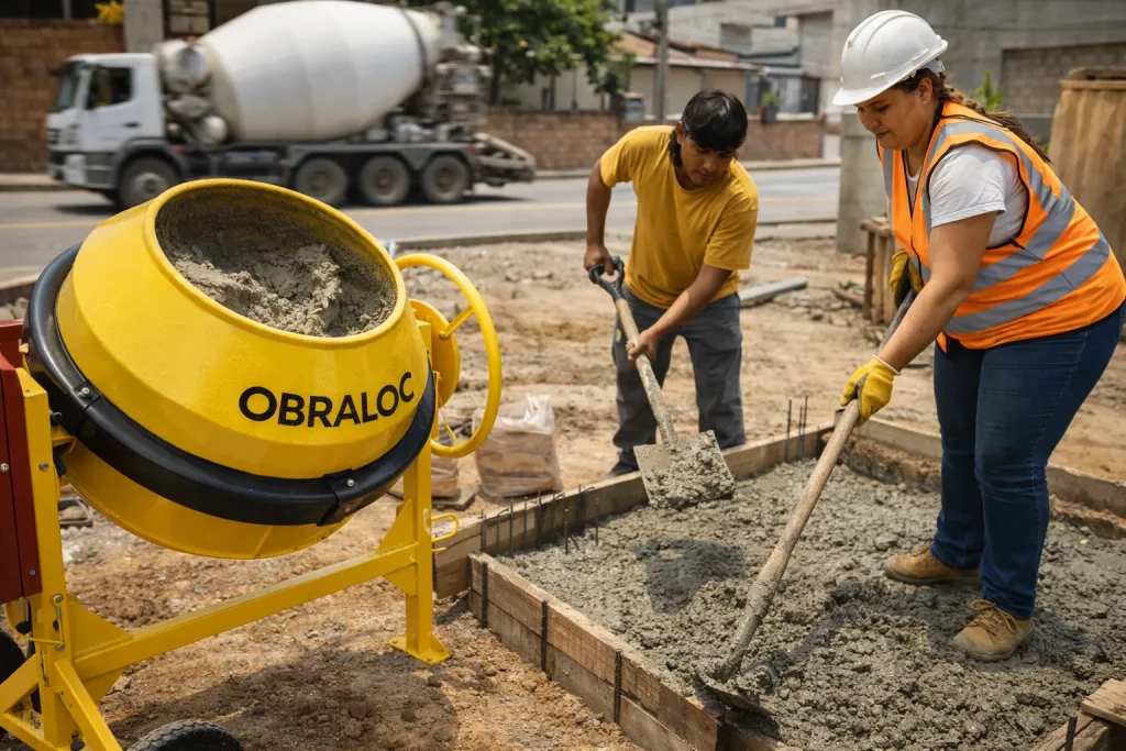 Dois trabalhadores utilizam ferramentas para espalhar concreto recém preparado ao lado de uma betoneira amarela durante a execução da fundação de uma construção.