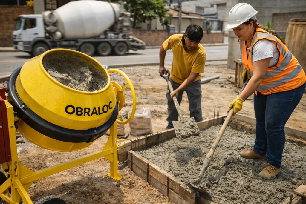 Betoneira para obra sendo usada durante concretagem de fundação em obra