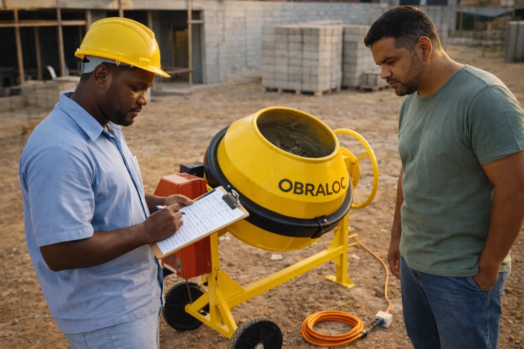 Betoneira para obra sendo vistoriada antes do início do trabalho no canteiro