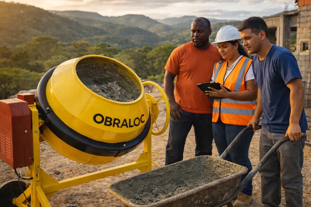 Betoneira para obra sendo acompanhada por equipe durante preparo do concreto