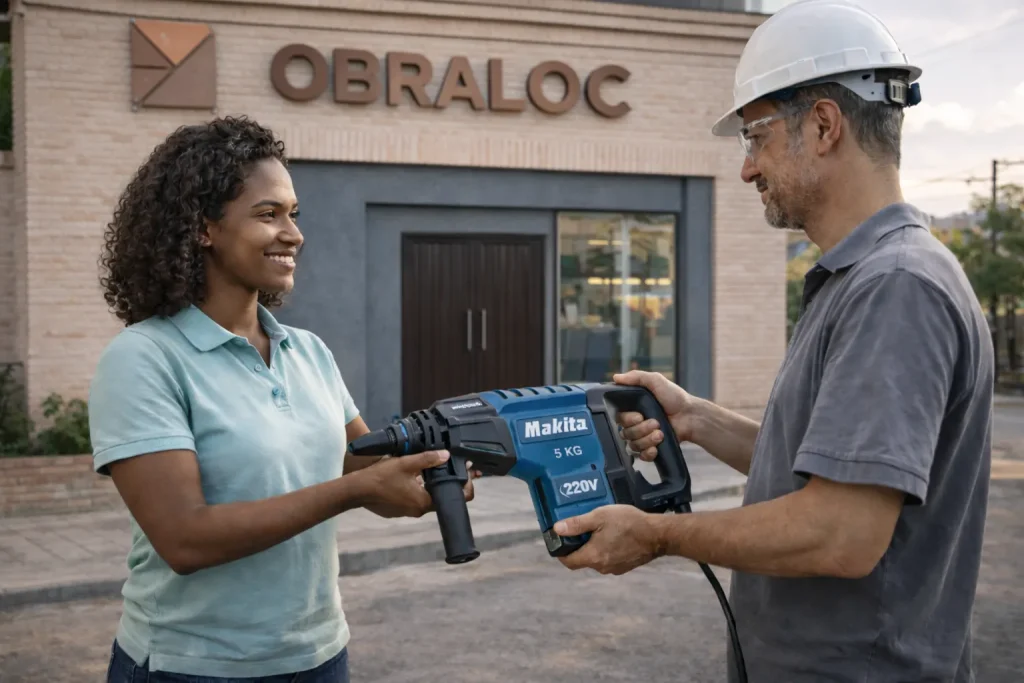 Entrega de martelete perfurador Makita 5kg 220V em frente à loja de materiais de construção.