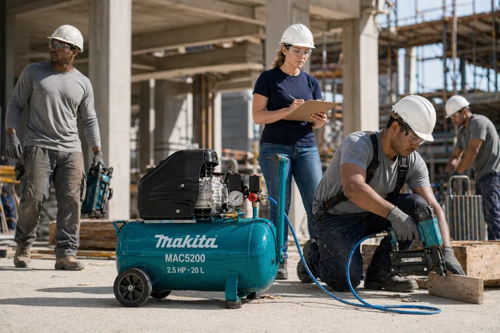 Engenheiros e operários trabalham em uma obra de construção civil utilizando equipamentos de soldagem e inspeção, com capacetes de segurança, em um ambiente ideal para quem busca aluguel de compressor de ar confiável para obras.