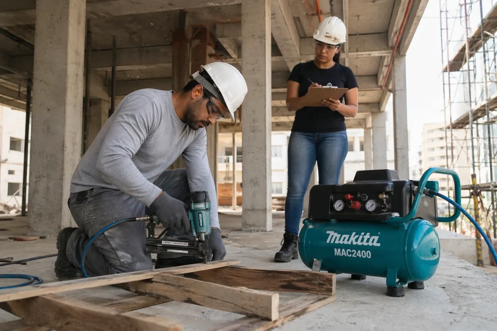 Engenheiro e assistente de engenharia trabalham em uma obra de construção civil, utilizando ferramentas modernas e um compressor de ar, ideal para quem busca aluguel de compressor de ar confiável para obras.