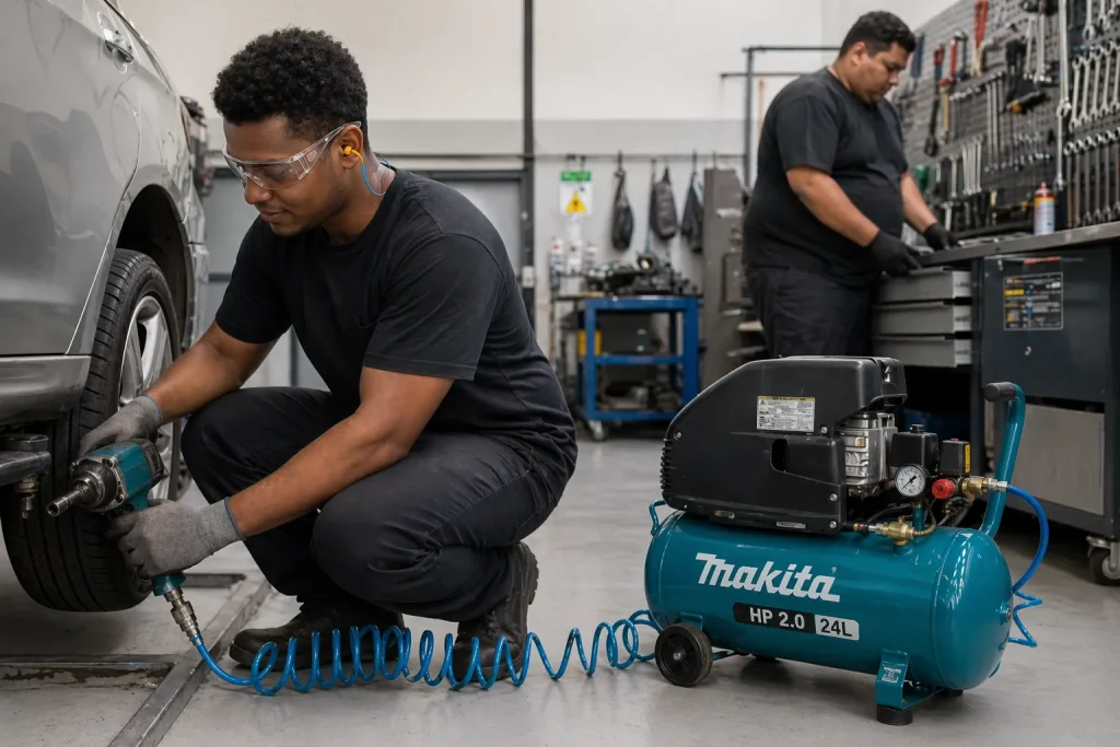 Mecânicos realizam manutenção em um carro na oficina, utilizando ferramentas e uma máquina de ar comprimido Makita para trabalho profissional, ideal para quem procura aluguel de compressor de ar confiável e eficiente.