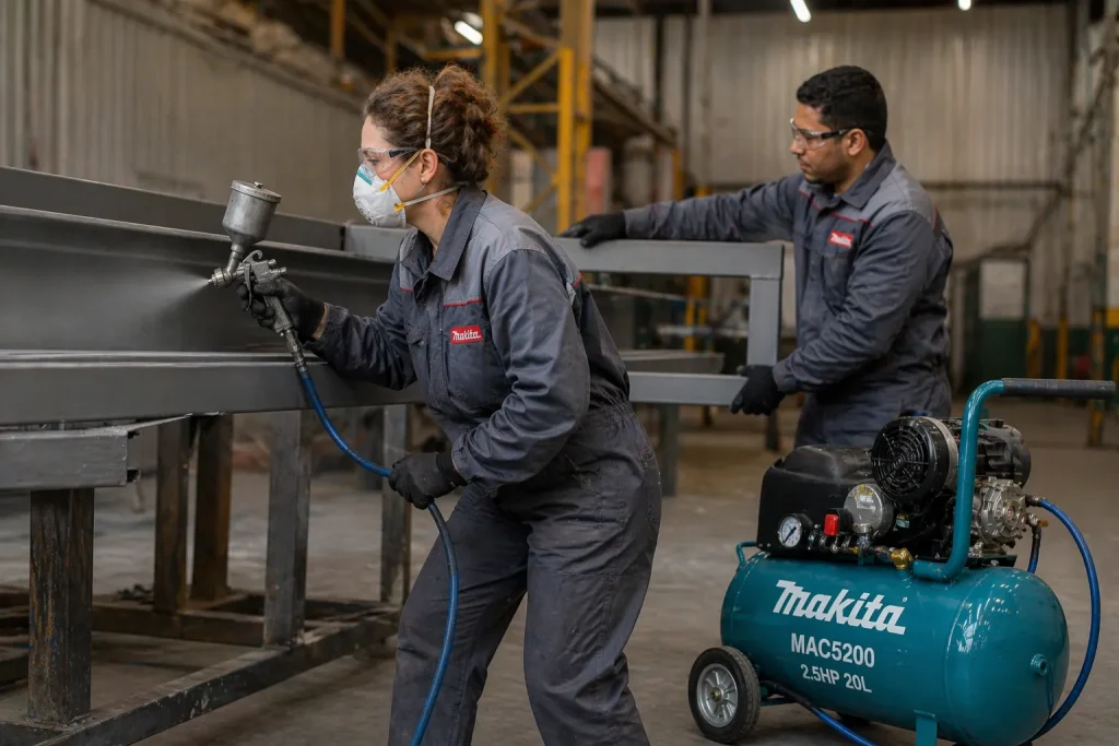 Trabalhadoras em uma fábrica manuseiam equipamento industrial com máscara de proteção e uniforme, operando uma máquina de acabamento metálico, em um ambiente seguro e eficiente, ideal para quem procura aluguel de compressor de ar de qualidade.