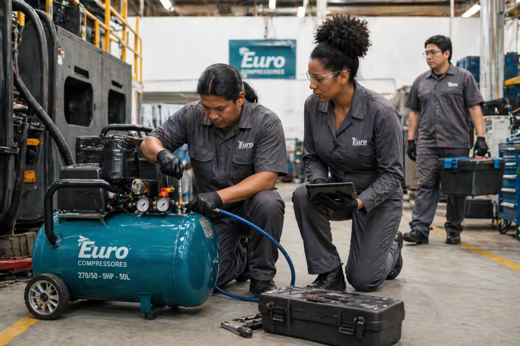 Técnicos de manutenção de ar condicionado trabalham em uma oficina, verificando e ajustando um compressor de ar, destacando eficiência e segurança, ideal para quem busca aluguel de compressor de ar de qualidade.
