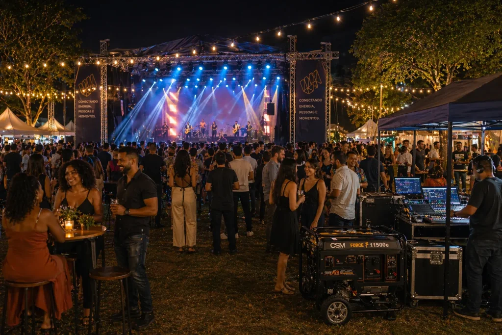 Grande festival ao ar livre com palco iluminado e show ao vivo, pessoas se divertindo, música e luzes de festa, com gerador de energia para eventos garantindo funcionamento do som e iluminação.