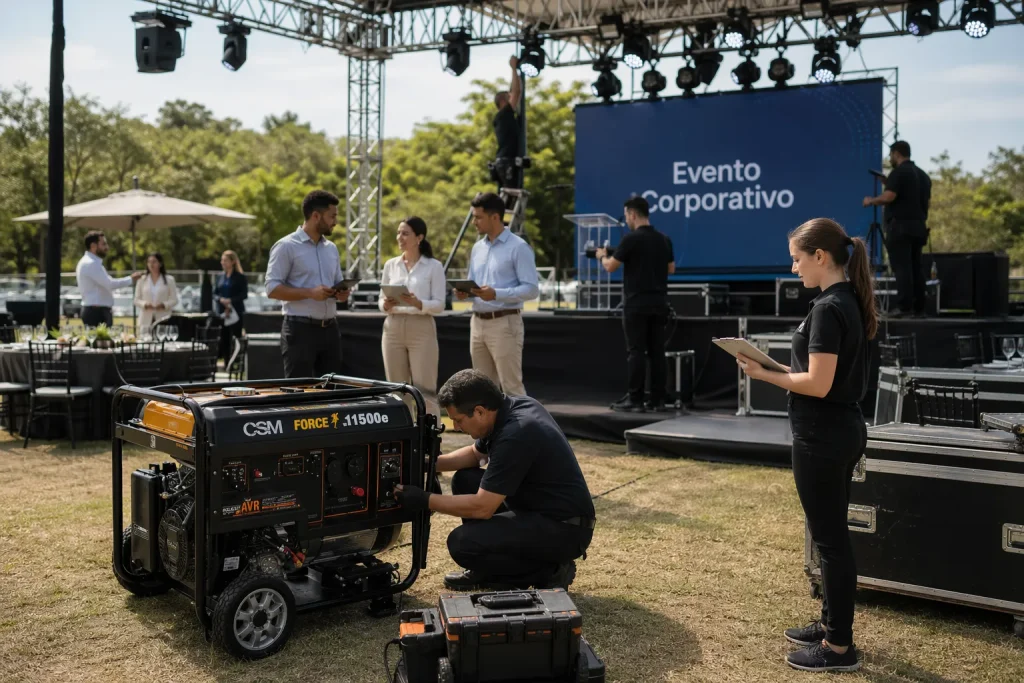 Equipe de produção e técnicos prepara equipamento audiovisual para evento corporativo ao ar livre, com palco e cenário verde, utilizando gerador de energia para eventos para funcionamento seguro dos equipamentos.