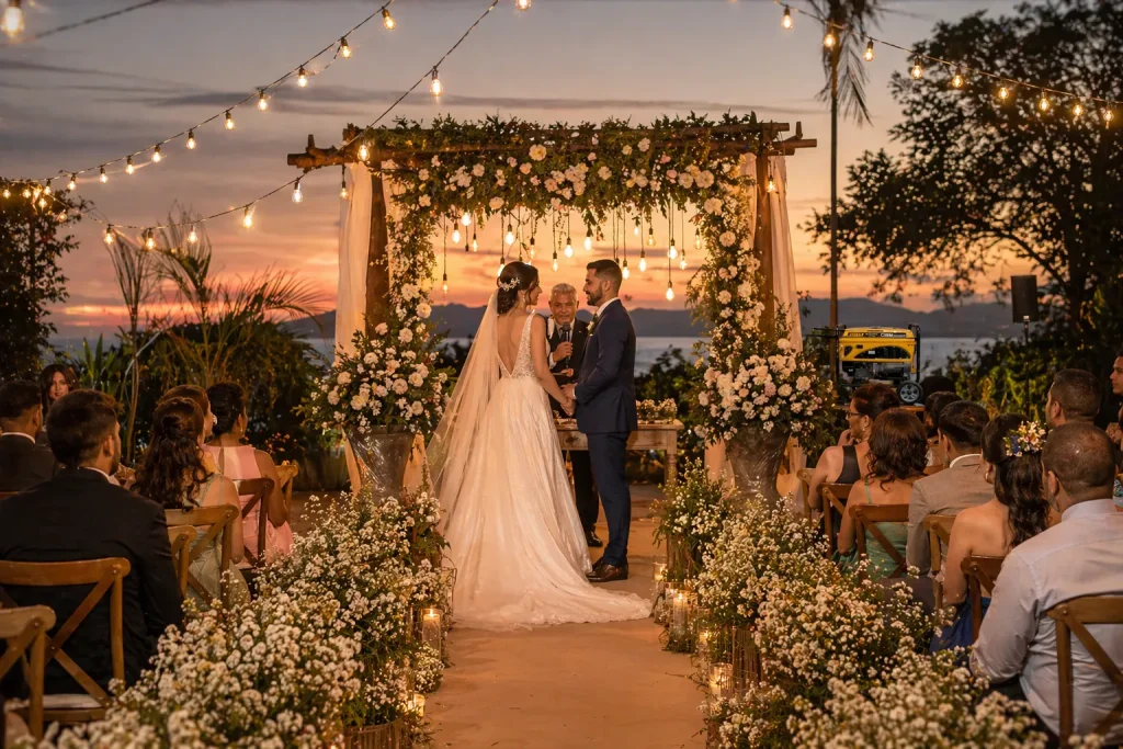 Casamento ao pôr do sol em cerimônia ao ar livre, com flores e luzes penduradas, em ambiente rústico e elegante, com gerador de energia para eventos garantindo iluminação e som.