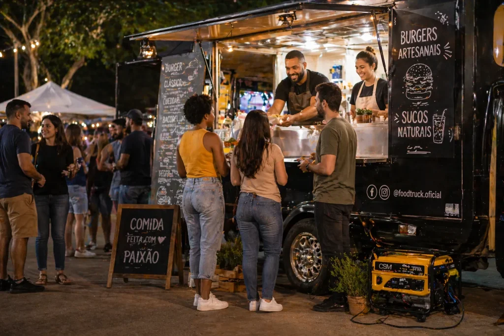 Food truck de hambúrguer artesanal em evento noturno ao ar livre, com clientes fazendo pedidos e equipamentos funcionando graças ao gerador de energia para eventos.