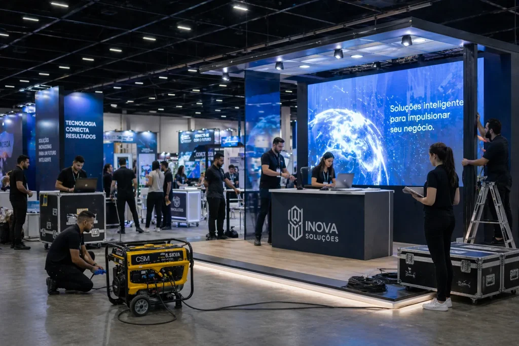 Estande de tecnologia em feira de negócios, equipe organiza apresentação de soluções inteligentes, com destaque para gerador de energia para eventos garantindo funcionamento dos equipamentos.