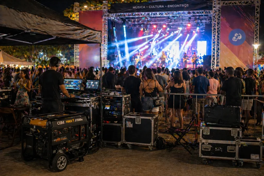 Público assistindo a um espetáculo ao vivo em festival ao ar livre, com palco, iluminação colorida e som, com destaque para o gerador de energia para eventos garantindo o funcionamento do equipamento.