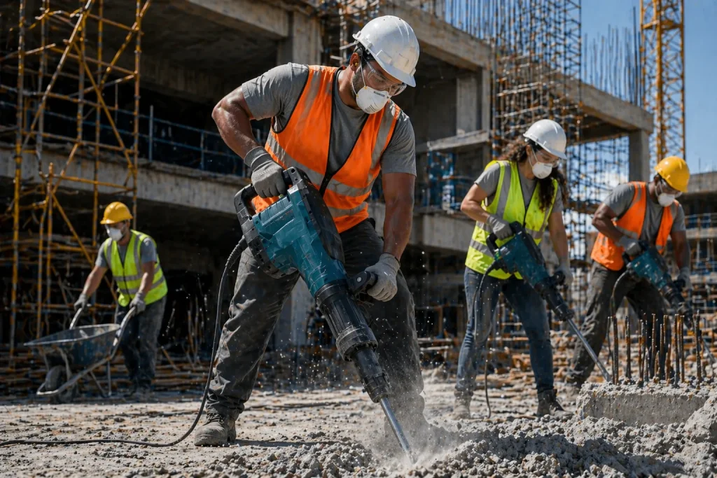 Equipe de trabalhadores da construção civil usando capacetes e coletes de proteção, manuseando ferramentas e aplicando martelete com segurança em canteiro de obras com concreto e aço estrutural ao fundo.