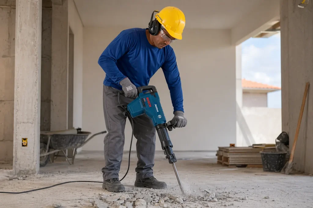 Engenheiro de construção usando capacete amarelo e óculos de proteção, operando perfuratriz elétrica em obra, com atenção ao martelete com segurança.