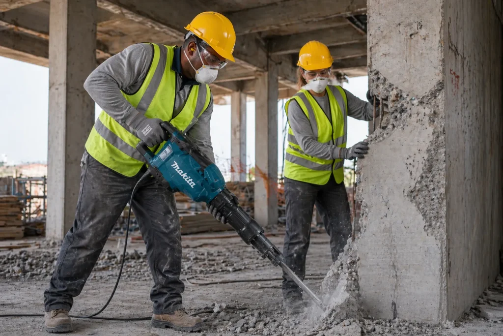 Engenheiros de construção usando capacetes, máscaras e outros equipamentos de proteção, trabalhando em obra civil com atenção ao martelete com segurança.