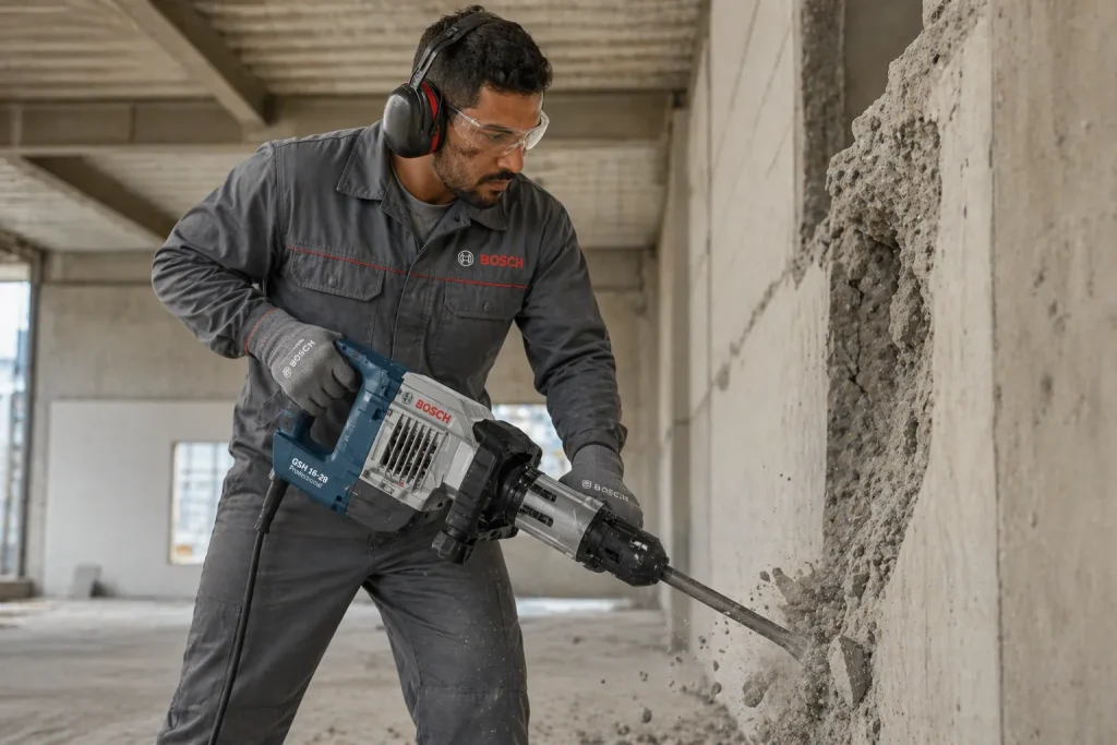 Homem com máscara, óculos e uniforme de trabalho operando uma furadeira de impacto em parede de edifício, usando martelete com segurança.