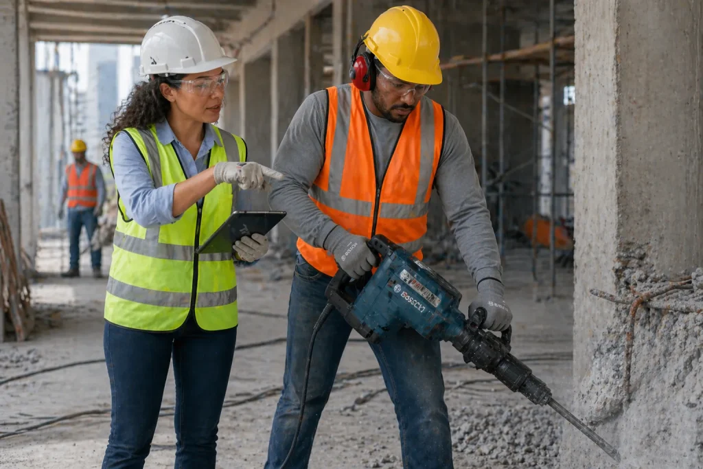Engenheiro e técnica de segurança usando capacetes e coletes de proteção, operando uma furadeira elétrica em obra civil, com atenção ao martelete com segurança.