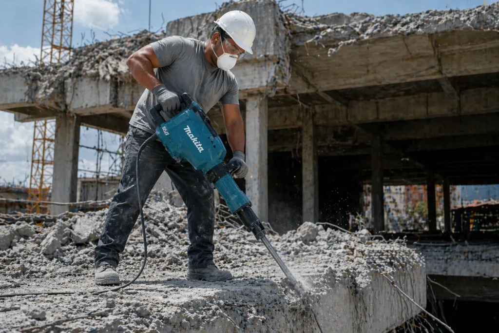 Homem usando capacete, máscara e luvas operando um martelete com segurança em uma obra de construção civil, rompendo concreto em uma estrutura.