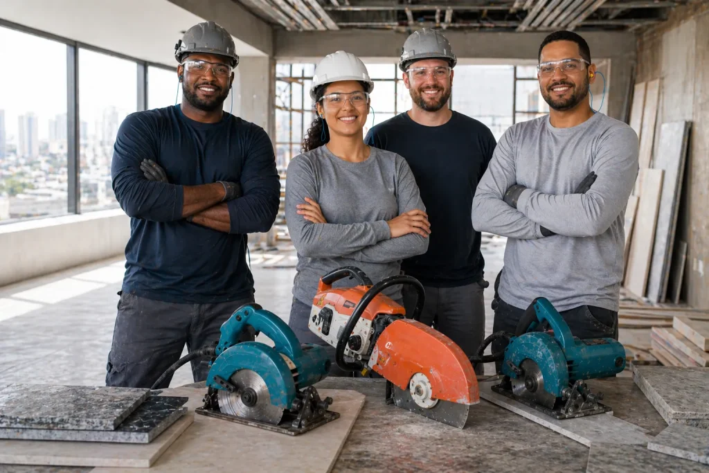Quatro profissionais de construção civil usando equipamentos de segurança, posando em ambiente de obra com ferramentas de alta performance, promovendo inovação na construção civil.