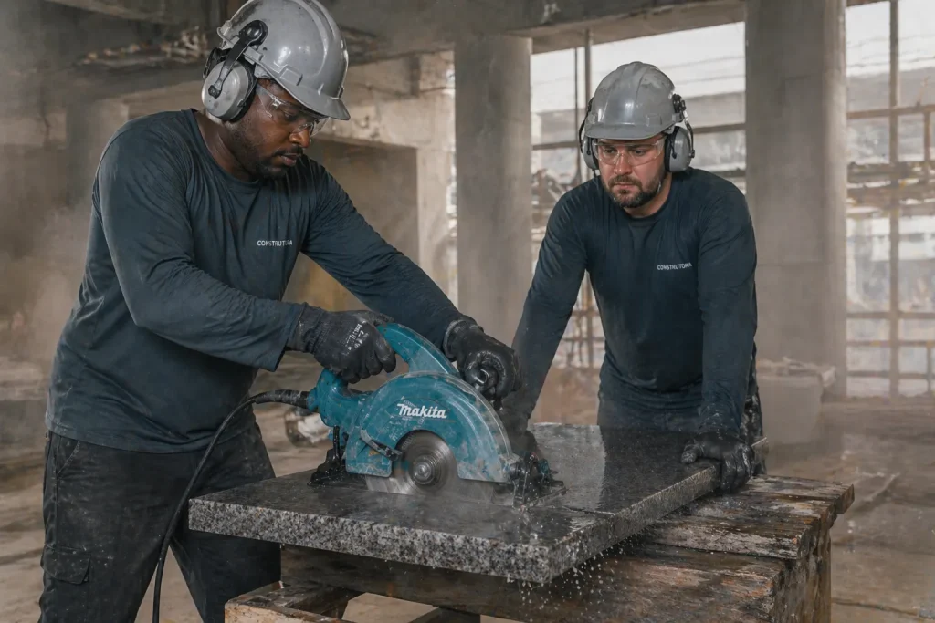Dois trabalhadores usando capacetes, óculos de proteção e ferramentas de corte em um local de construção, realizando trabalhos com mármore ou granito. Imagem reflete o aluguel de serra mármore.