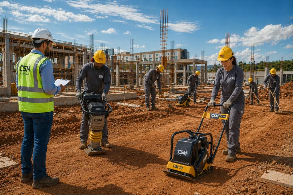 Equipe de construção trabalhando em um canteiro de obras de construção civil, com engenheiro verificando o progresso e trabalhadores realizando a compactação do solo.