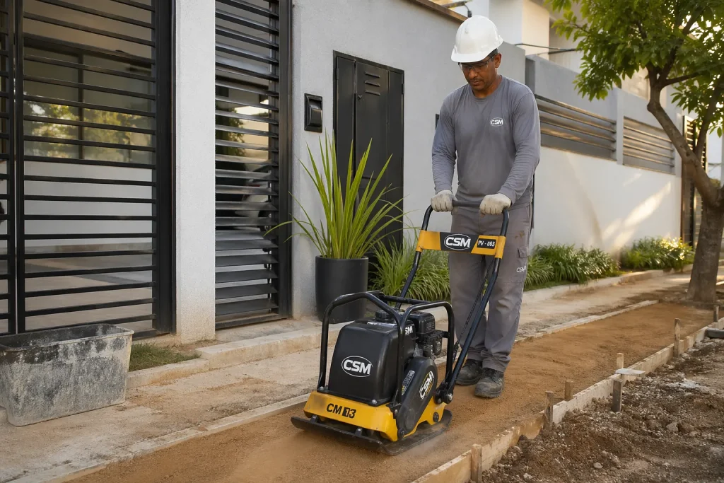 Engenheiro utilizando um compactador de solo para a compactação e nivelamento de terreno em uma obra de construção civil, na calçada de uma casa, usando capacete e outros equipamentos de segurança.