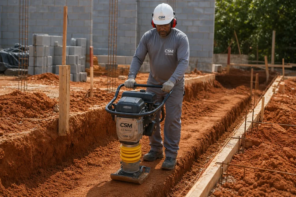 Engenheiro utilizando compactador de solo em obra de construção civil para nivelamento de terreno, com projeto de fundação em andamento.