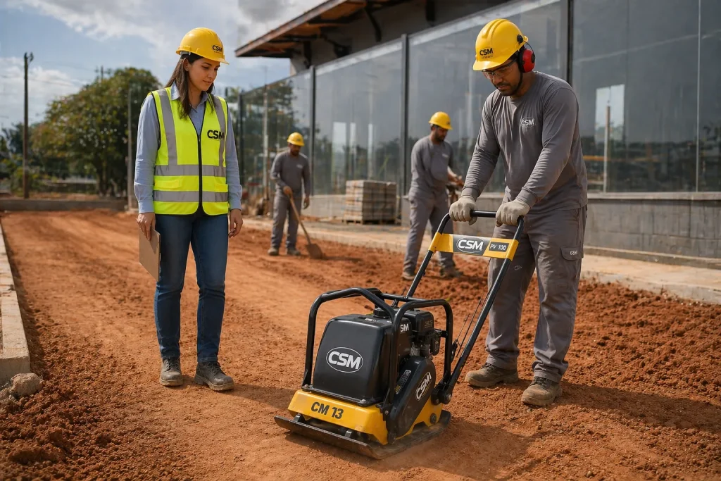 Engenheiros e operários trabalhando na construção de uma nova área, usando equipamentos de compactação em um canteiro de obras ao ar livre.