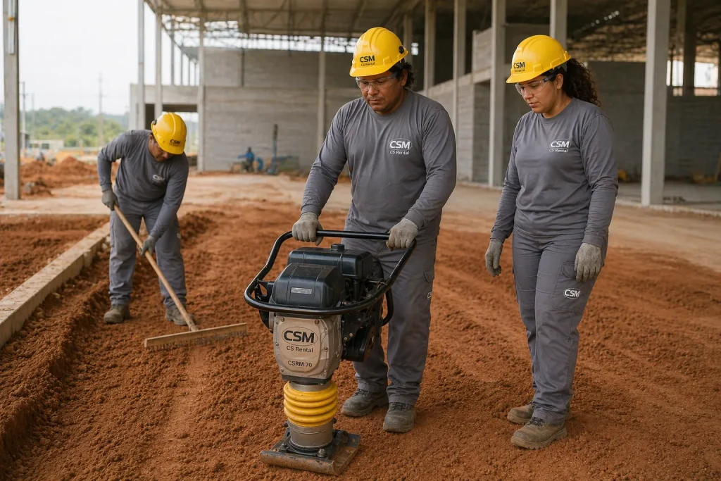 Trabalhadores na construção civil preparando o solo em um canteiro de obras com uso de equipamento de compactação e ferramentas.