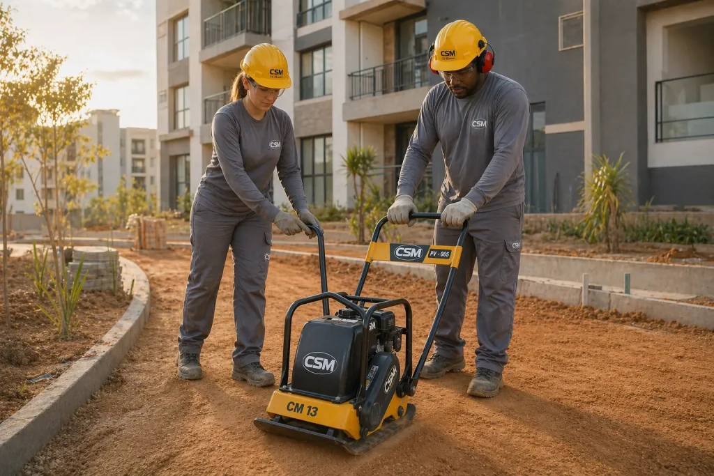 Profissionais de construção civil usando equipamento de compactação de solo em obra com edifícios de apartamentos ao fundo, durante o dia.