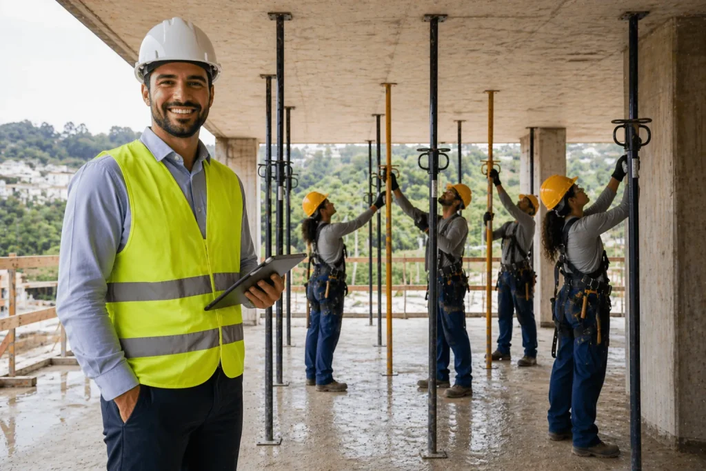 Engenheiro civil supervisiona operárias na construção de um edifício, todas usando equipamentos de segurança e tecnologia moderna, em um canteiro de obras, com atenção às Escoras em Obras para garantir estabilidade e segurança estrutural.