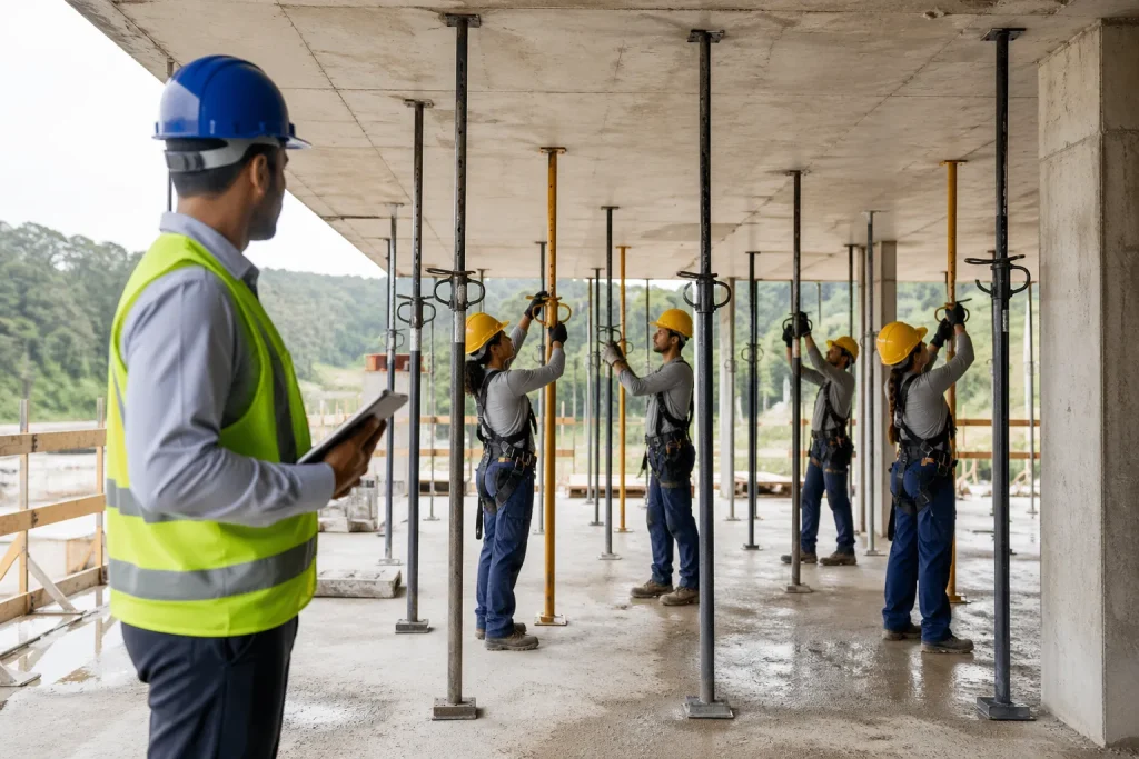 Engenheiros e trabalhadores inspecionam e instalam andaimes em edifício em construção, com foco em segurança e fiscalização, incluindo atenção às Escoras em Obras.