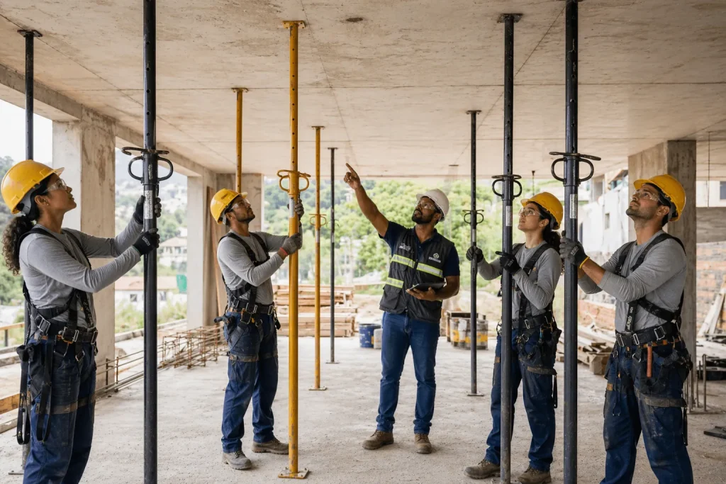 Equipe de trabalhadores da construção civil realizando inspeção e planejamento em canteiro de obras, garantindo segurança e atenção às Escoras em Obras.
