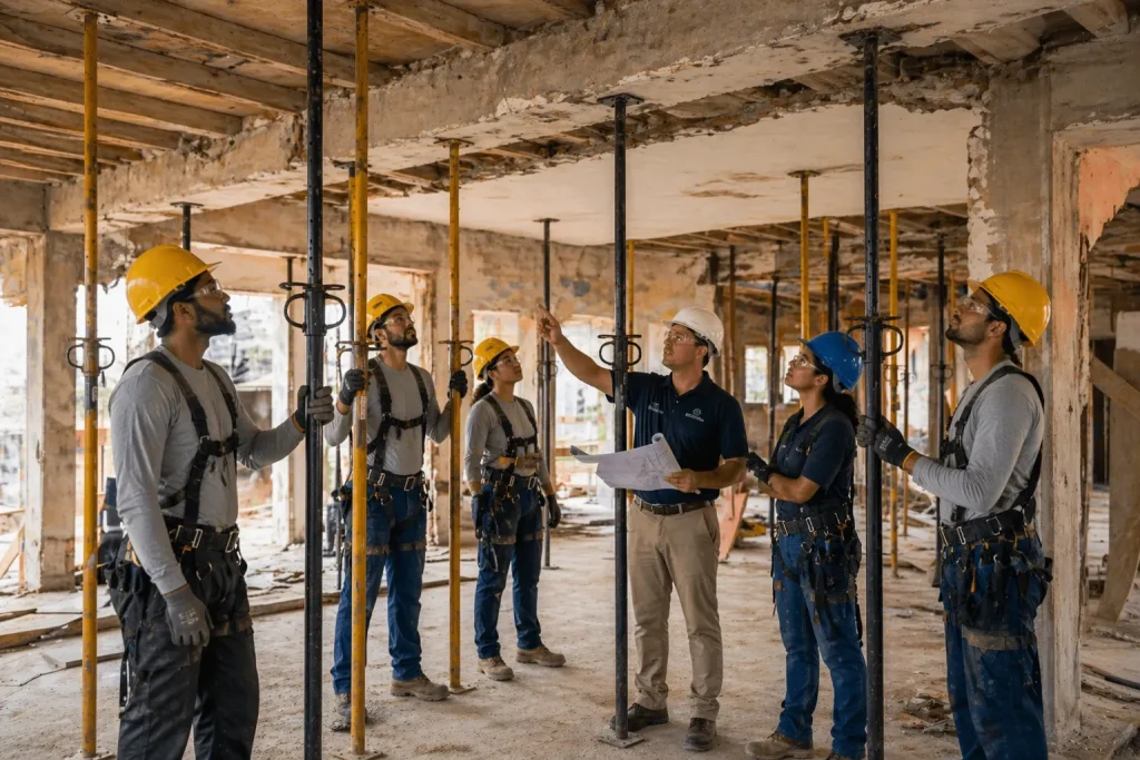 Grupo de trabalhadores da construção civil em inspeção de obra, com supervisor explicando projeto, usando capacetes de segurança e atenção às Escoras em Obras.