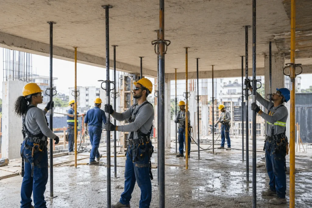 Equipe de trabalhadores da construção civil realiza inspeção e planejamento em um canteiro de obras, garantindo segurança e gerenciamento eficientes, com atenção às Escoras em Obras.